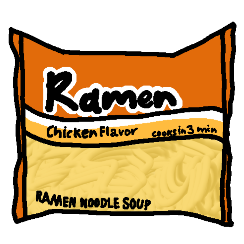 an orange plastic packet labeled 'ramen'. it has a white and orange stripe with a smaller label that says 'Chicken Flavor' and 'cooks in 3 min'. on the bottom half of the packet is a picture of ramen noodles, and another small label that says 'ramen noodle soup'.